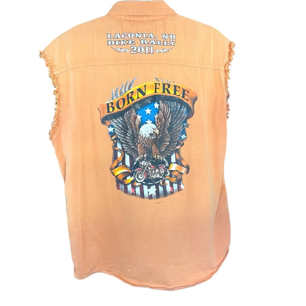 2011 Laconia Motorcycle Rally Sleeveless Button Down Orange Born Free Size XL